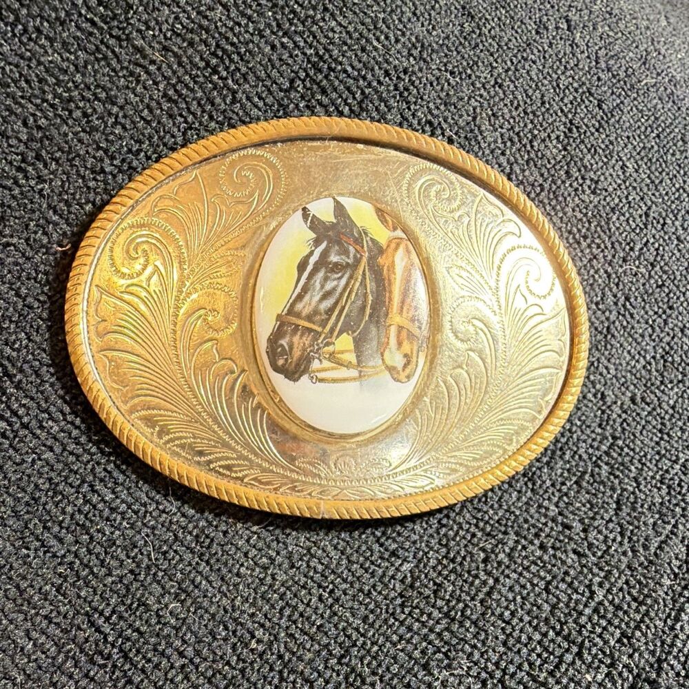 German Silver Oval, Horses Painted On Porcelain Western Americana Belt Buckle